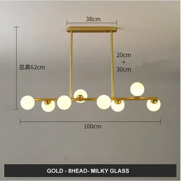 Modern gold glass balls chandelier with eight milky glass bulbs on horizontal bar for dining room decorbites glass balls