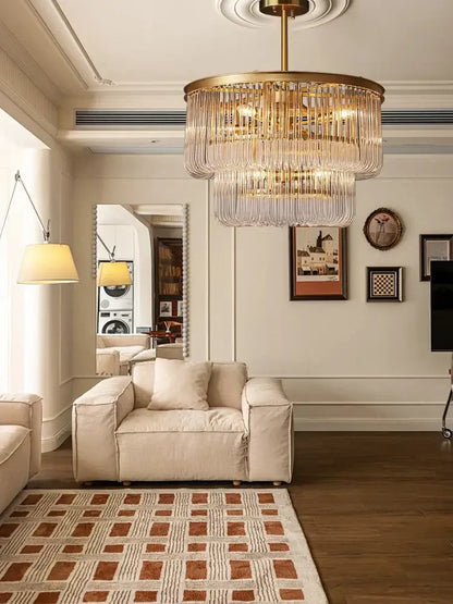 Modern gold decorbites glass bar chandelier with brass frame and cascading crystal prisms for luxury living room lighting