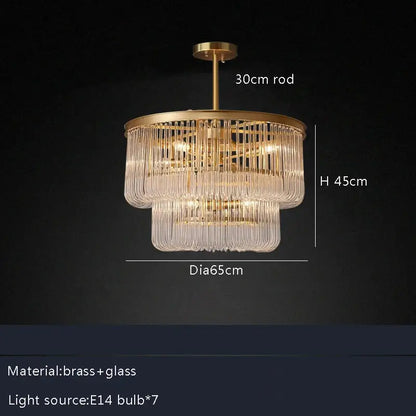 Modern gold glass bar chandelier with brass and clear glass tiered design featuring cascading crystal rods for luxury lighting