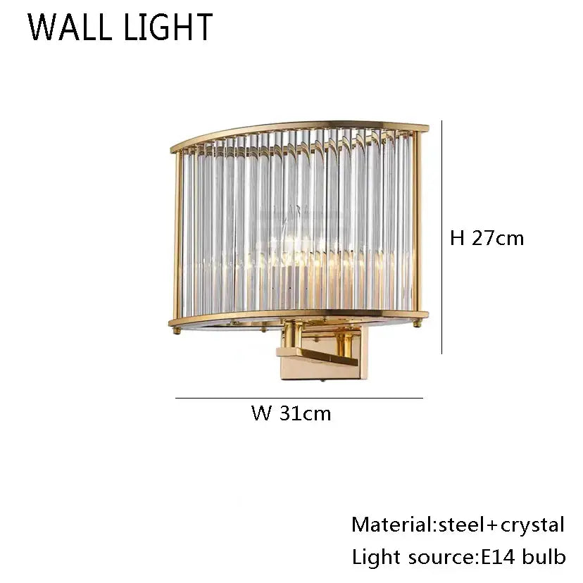 Modern gold decorbites glass bar chandelier with vertical crystal rods in a sleek steel frame for luxury living room lighting