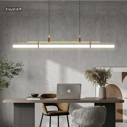 Modern gold glass belt chandelier led pendant light with gold-toned linear design and leather accents for dining room decorbites glass belt