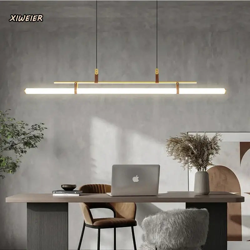 Modern gold glass belt chandelier led pendant light with gold-toned linear design and leather accents for dining room decorbites glass belt