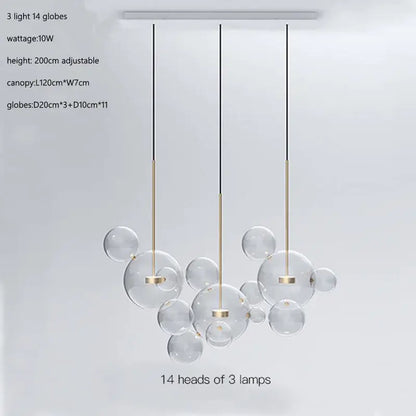 Modern gold glass bubble ball led chandelier with glass bubble decorbites design and black cords for dining room lighting
