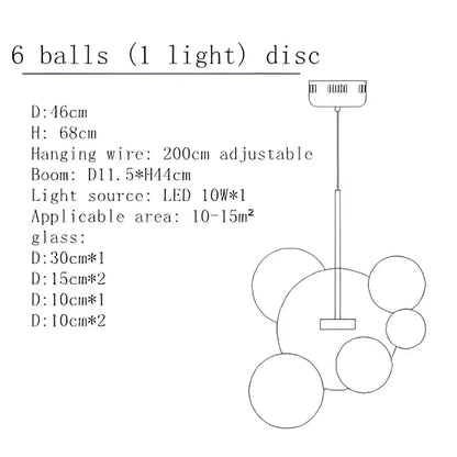 Modern gold glass bubble led chandelier with six spherical orbs on adjustable metal arm for dining room decorbites glass bubble