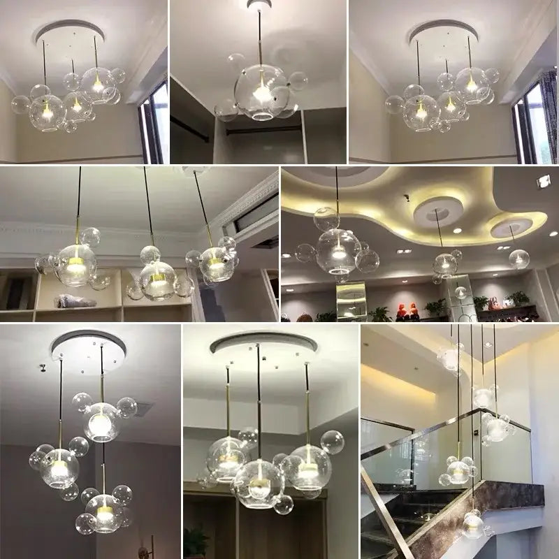 Modern gold glass bubble led chandelier featuring clear glass bubble pendant lights with gold-toned metal fixtures