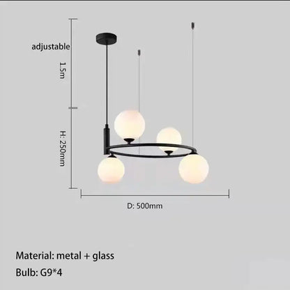 Modern black metal and glass chandelier g9 hanging light with four frosted globe bulbs for living room use