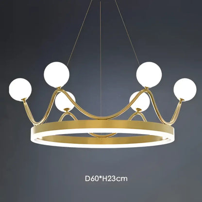 Modern gold glass crown chandelier pendant with six white spherical glass globe lights for bedroom lighting