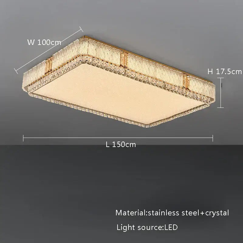 Rectangular modern ceiling lamp with gold-toned stainless steel frame and glass crystal led embellishments for living room