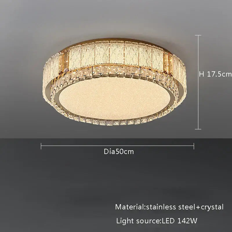Modern gold glass crystal led ceiling lamp with stainless steel frame and crystal accents for living room lighting