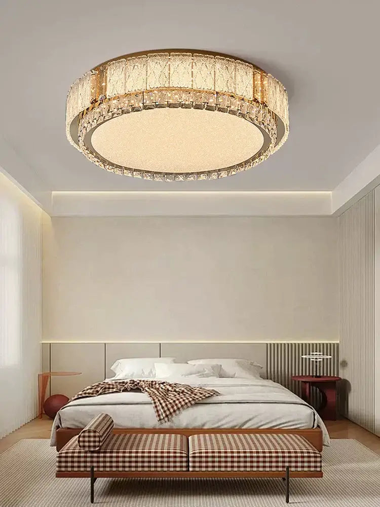 Modern gold glass crystal led ceiling lamp with faceted crystal tiers and illuminated central panel for living room