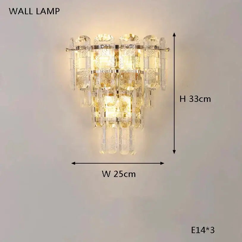 A tiered modern gold glass crystal led ceiling lamp with faceted clear glass elements for living room elegance