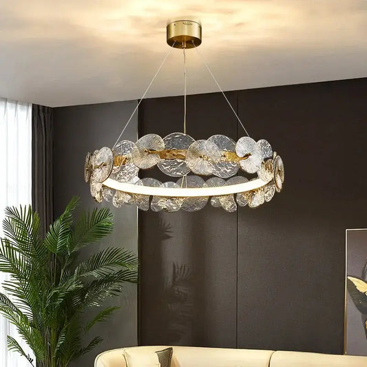 Modern gold glass flower led chandelier with translucent textured glass flower discs for living room lighting