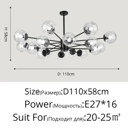 Modern gold glass led chandelier featuring 16 clear glass globe bulbs for dining room sphere pendant light