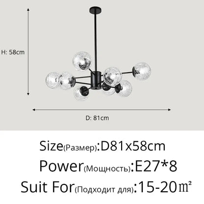 Modern black metal led chandelier with eight clear glass globe bulbs ideal for dining room glass led chandelier