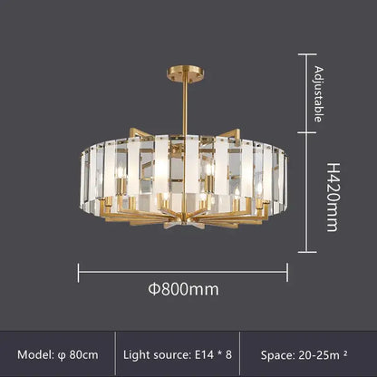 Modern gold glass restaurant chandelier with clear crystal panels and eight e14 light sources for dining room luxury light