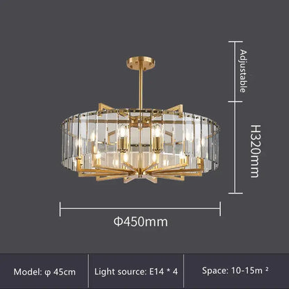 Modern gold glass restaurant chandelier with clear crystal panels and four e14 lights for luxury dining room illumination