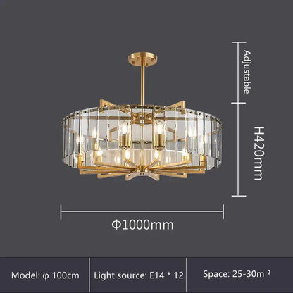 Modern gold glass restaurant chandelier with clear crystal panels and twelve e14 bulbs for luxury dining room lighting