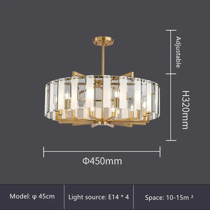 Modern gold glass restaurant chandelier with clear crystal panels and four e14 lights for luxury dining rooms