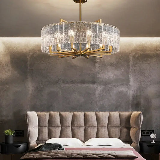 Modern gold glass restaurant chandelier with circular frame and textured translucent crystal panels for dining room luxury light