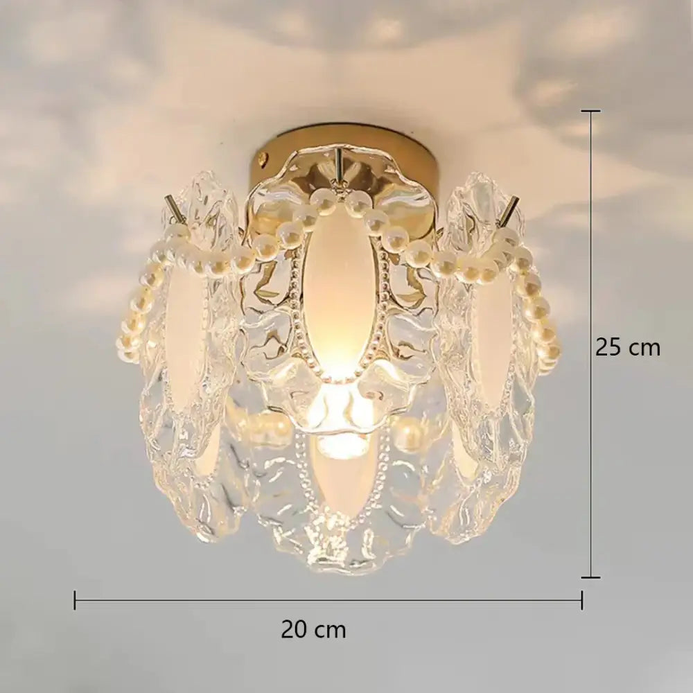Delicate 25 cm tall modern gold glass shade ceiling light with clear petals and white pearls chandelier design