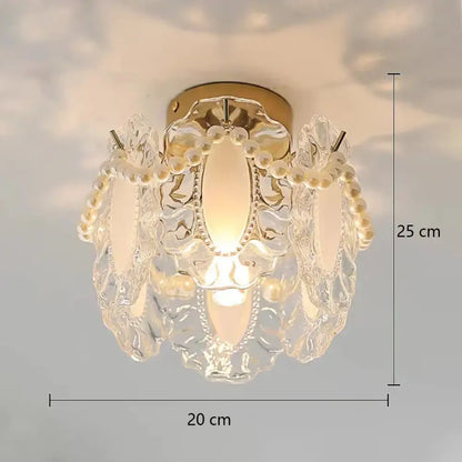 Delicate 25 cm tall modern gold glass shade ceiling light with clear petals and white pearls chandelier design