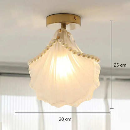 Delicate off-white seashell glass shade ceiling light with gold base and pearl trim for modern balcony chandelier