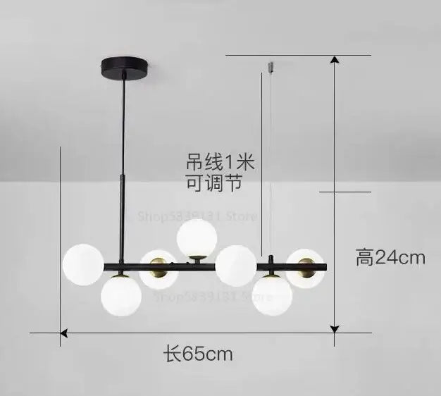 Modern black metal pendant light chandelier with seven frosted white glass globe bulbs in a linear design for dining room