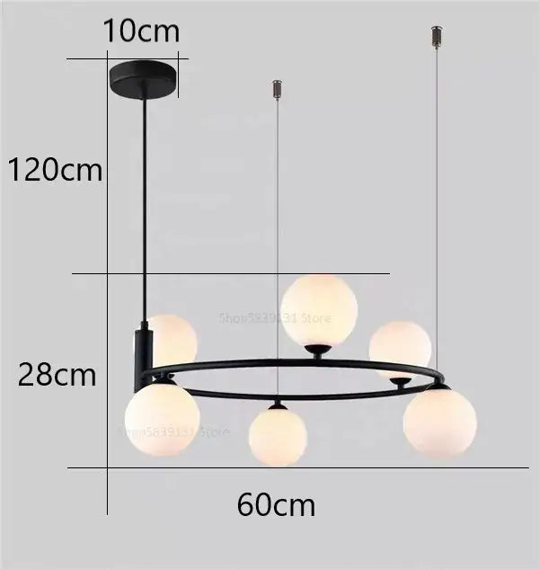 Black modern pendant light chandelier with five frosted glass globe bulbs arranged in a circular pattern for dining room