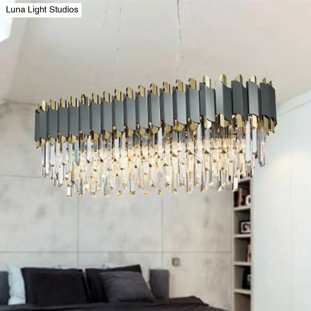 Modern gold and gray crystal light fixture with sleek metallic panels and clear prisms 220v-240v dining room chandelier