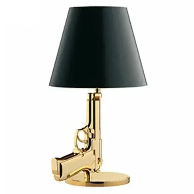 Modern gold gun floor lamp with a black conical shade perfect for decorbites gun floor lighting in living rooms