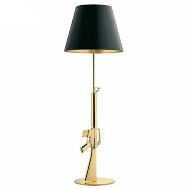 Modern gold gun floor lamp with black conical shade and gold trim for stylish living room decorbites gun floor lighting