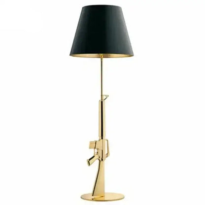 Modern gold gun floor lamp with black conical shade and gold trim for stylish living room decorbites gun floor lighting