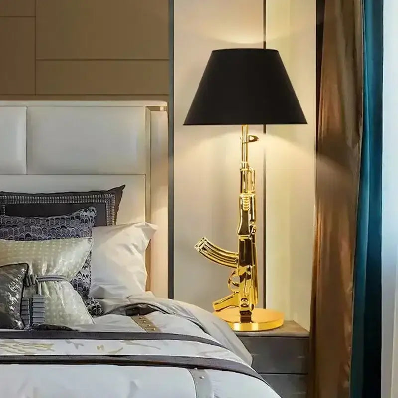 Modern gold gun floor lamp shaped like a golden ak-47 with a black conical shade for living room decorbites gun floor use