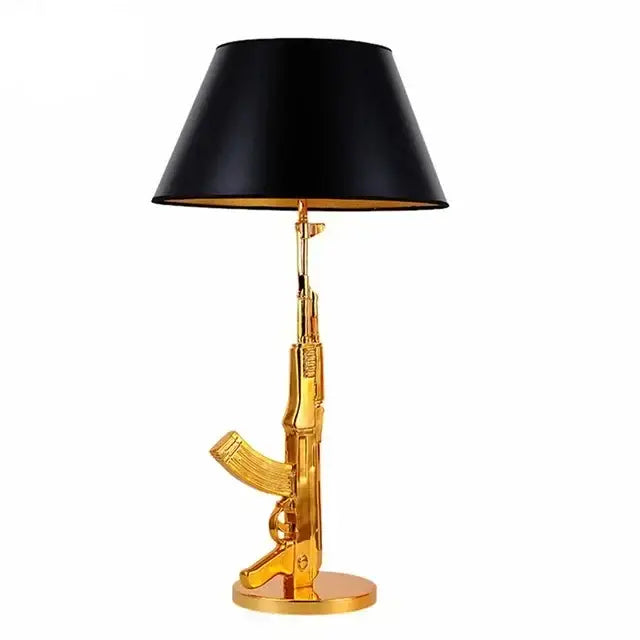 Modern gold gun floor lamp shaped like ak-47 with black conical shade perfect for decorbites gun floor decor