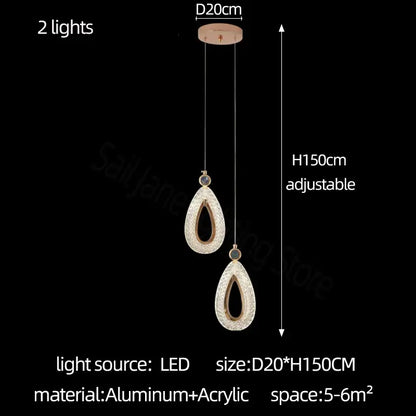 Modern gold decorbites heart led chandelier pendant light with adjustable aluminum and acrylic teardrop fixtures