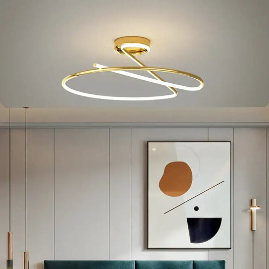 Modern gold heart line led chandelier with sleek intertwined circular design and illuminated line led strip for bedroom ceiling