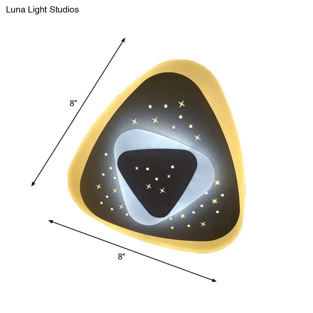 Modern gold heart pendant wall light with triangular rhombus shape, golden frame, starry black center, and illuminated rings