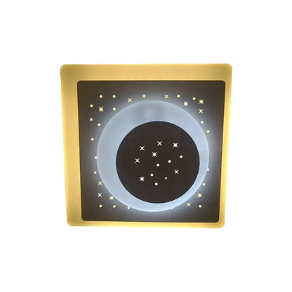 Modern gold wall light with star and triangle rhombus patterns in glowing circular design for bedroom use