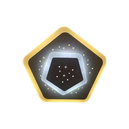 Modern gold heart pendant wall light with warm yellow hexagonal frame, glowing ring, and rhombus star led accents on black background