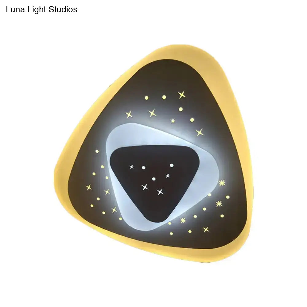 Modern gold heart pendant wall light with yellow triangle rhombus frame black starry center and glowing crescent design