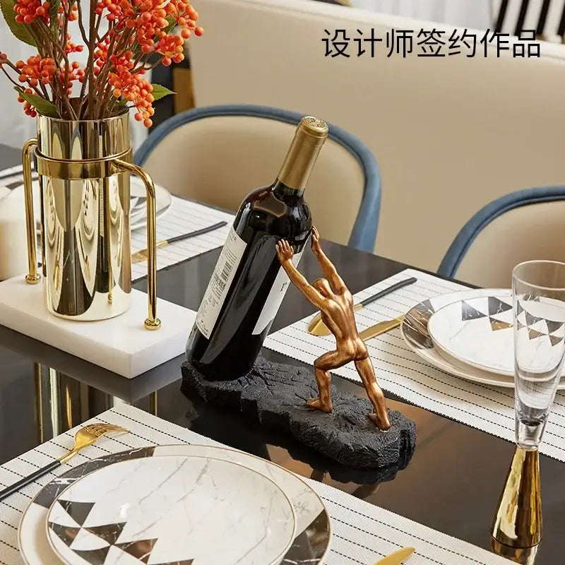 Modern gold hercules figurines wine rack features a muscular man lifting a wine bottle on a dark textured base