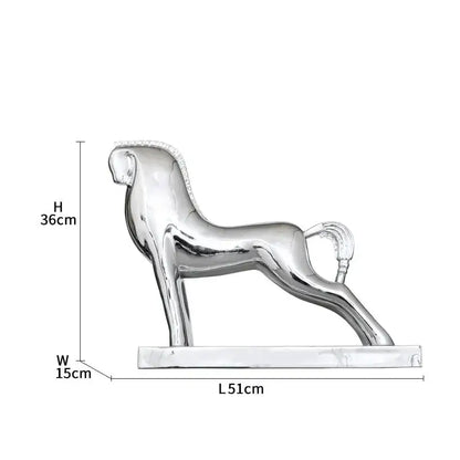 Shiny silver metallic decorbites horse resin sculpture with sleek stylized design for modern minimalist living room decor