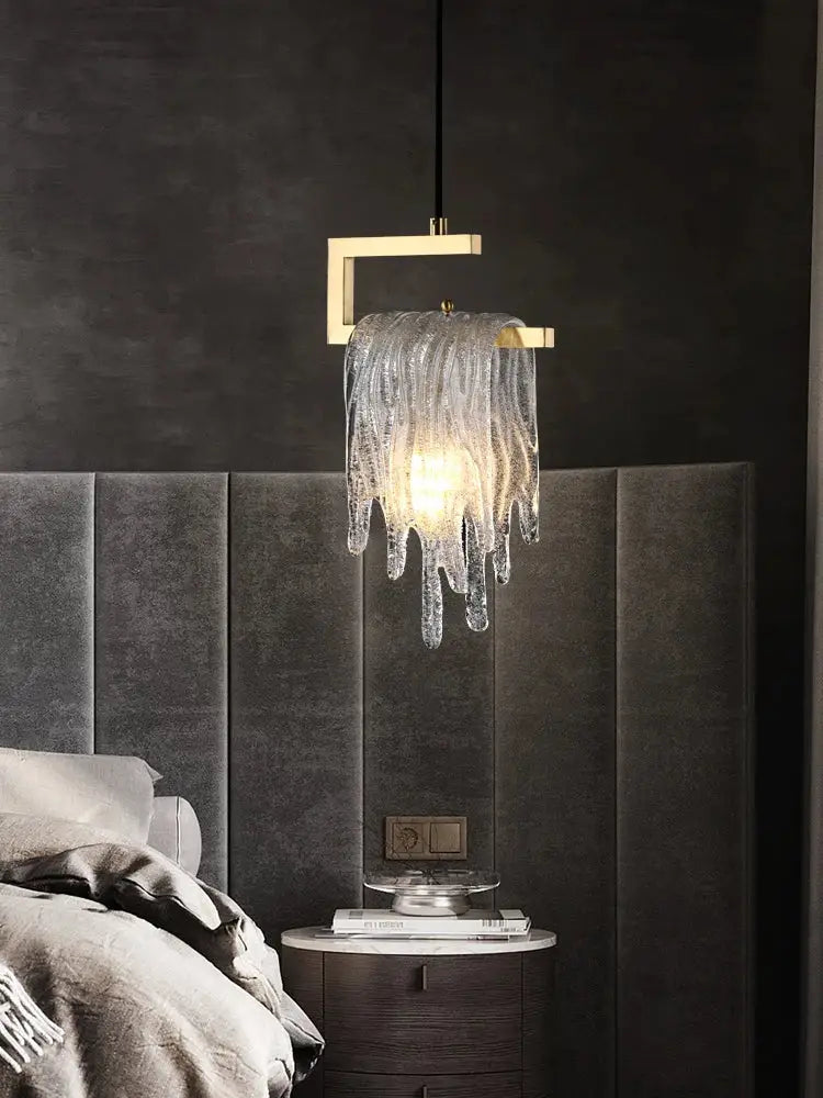Modern gold icicle glass pendant light with geometric frame and cascading translucent shades for bedroom decorbites decor