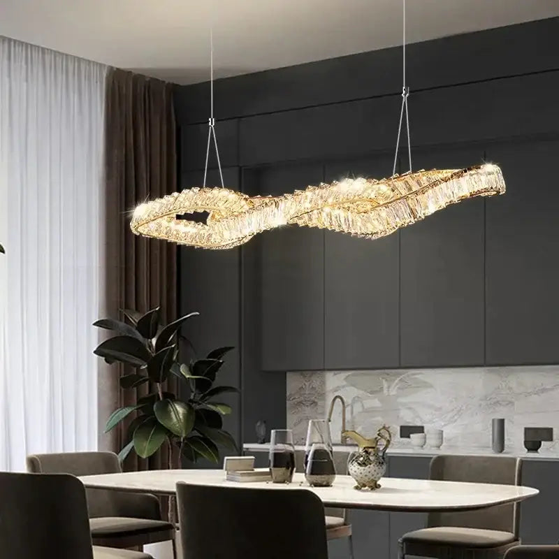 Modern gold infinity crystal led pendant chandelier with crystal encrusted twisted design for dining room decorbites crystal led