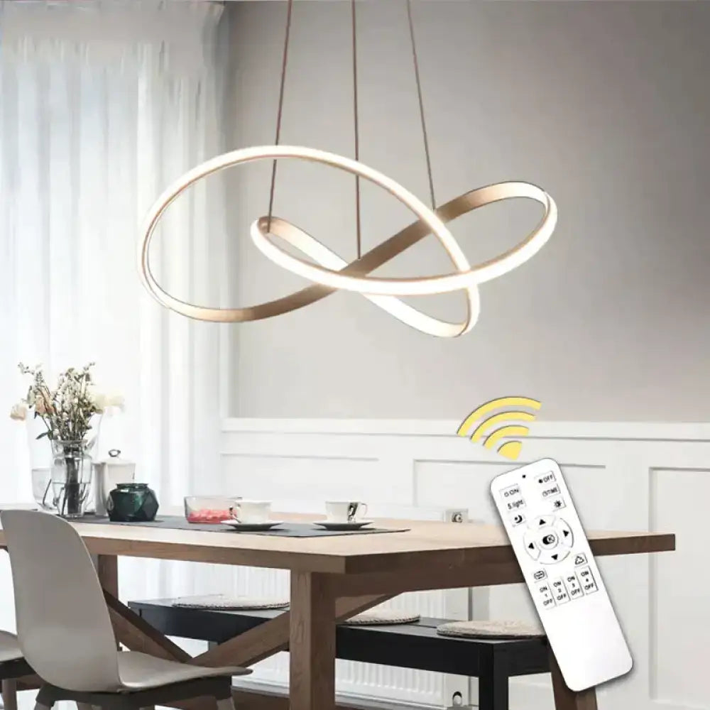 Modern gold infinity pendant light with two brushed gold rings and warm white led for living room lamp moedern led