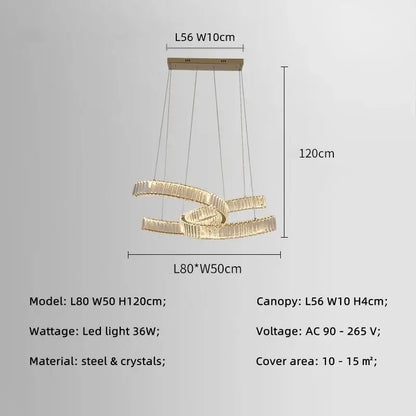 Modern gold-toned steel pendant lights with interlocking crystal led rings for dimmable dining room decorbites crystal led