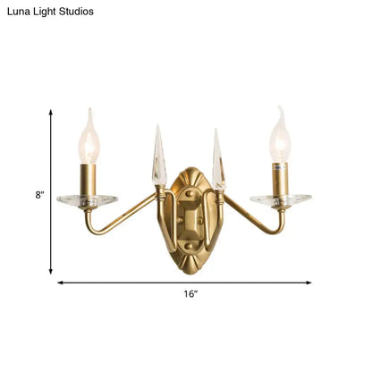 Modern gold iron candle wall light with three candle-style bulbs and clear crystal accents for living room wall light