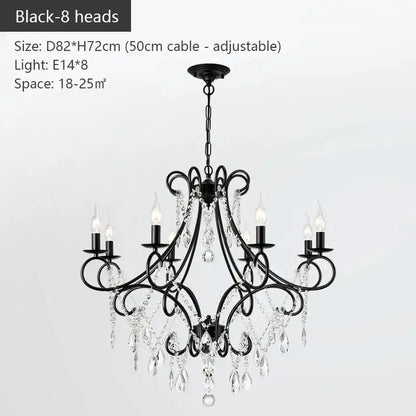 Modern gold iron crystal chandelier with black wrought iron frame, eight candle-style lights, and crystal droplets by decorbites iron crystal