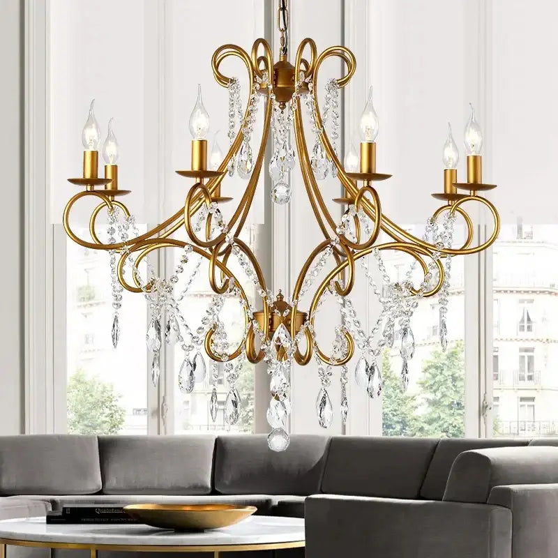 Modern gold iron crystal chandelier with intricate wrought iron arms and crystal droplets for luxury dining room decorbites iron crystal