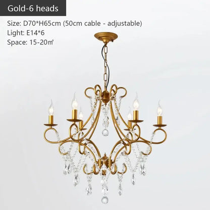 Modern gold iron crystal chandelier with six candle-style lights and dangling crystals for luxury dining room decorbites iron crystal